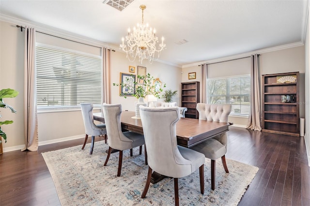 dining area with visible vents, crown molding, and dark wood-type flooring