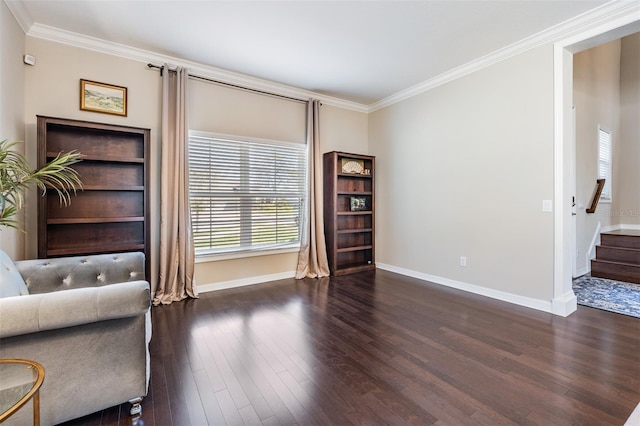 unfurnished room with stairs, baseboards, dark wood-type flooring, and crown molding