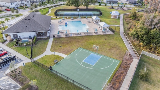 birds eye view of property with a residential view