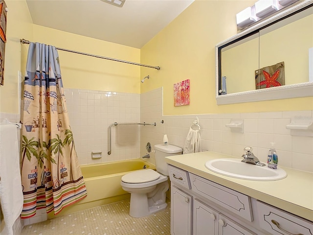 full bathroom featuring tile patterned flooring, toilet, tile walls, shower / bath combo, and decorative backsplash