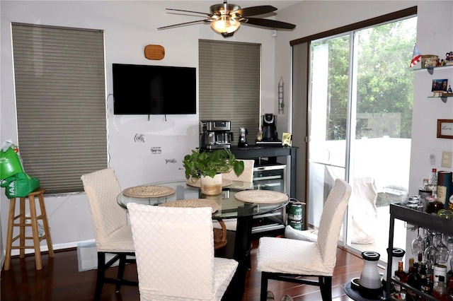 dining area with ceiling fan and hardwood / wood-style floors