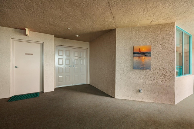 interior space with carpet, a textured ceiling, and a textured wall