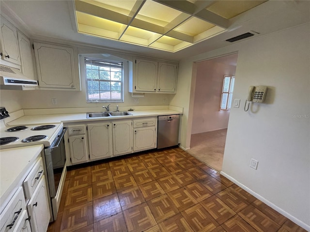 kitchen with sink, stainless steel dishwasher, dark colored carpet, and white electric range oven