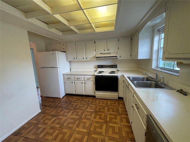 kitchen featuring sink, coffered ceiling, dark parquet flooring, and white appliances