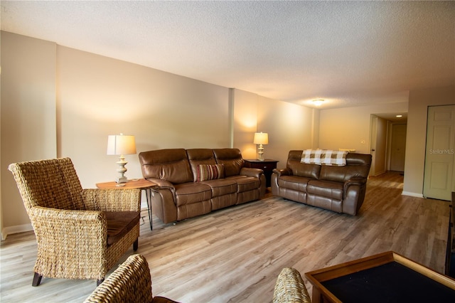 living room with light hardwood / wood-style flooring and a textured ceiling