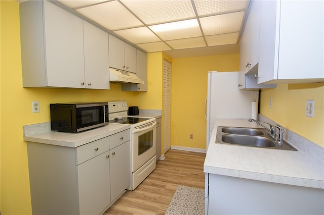 kitchen featuring light hardwood / wood-style floors, sink, white cabinets, and white appliances