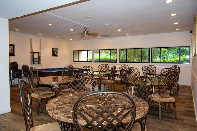 dining area with plenty of natural light, dark wood-type flooring, ceiling fan, and billiards