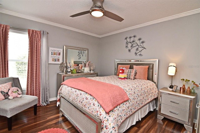 bedroom featuring dark wood-type flooring, ceiling fan, crown molding, and a textured ceiling