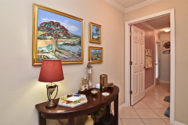 corridor featuring ornamental molding and light tile patterned floors