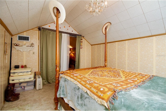 carpeted bedroom featuring lofted ceiling, wallpapered walls, visible vents, and a chandelier