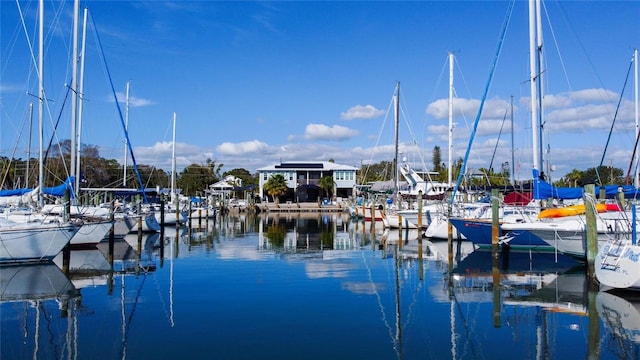 view of dock with a water view