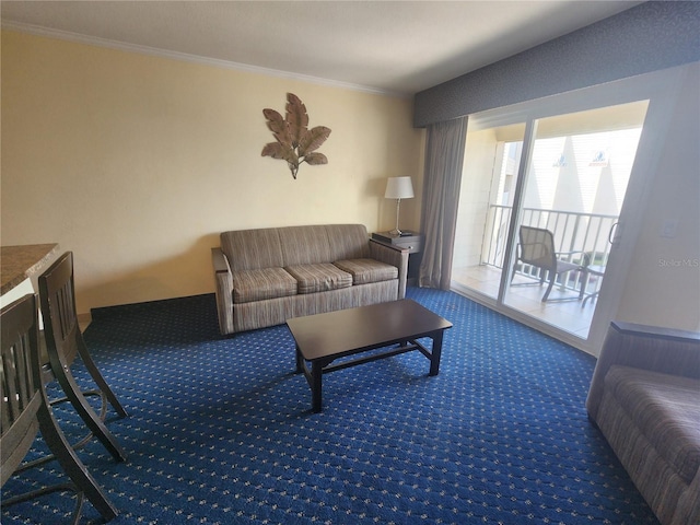 carpeted living room with crown molding