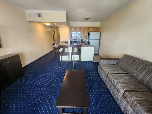 living room featuring ornamental molding and sink