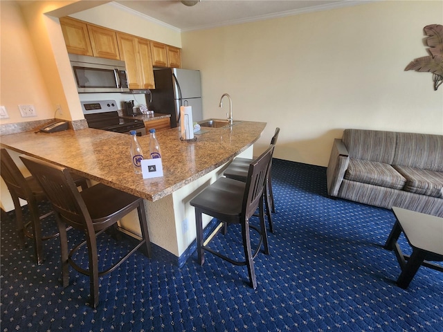 kitchen featuring sink, stainless steel appliances, kitchen peninsula, crown molding, and dark carpet