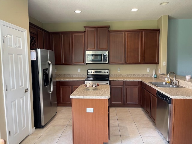 kitchen featuring sink, a kitchen island, light tile patterned flooring, kitchen peninsula, and stainless steel appliances