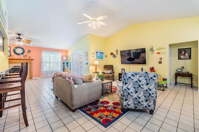 tiled living room featuring lofted ceiling and ceiling fan