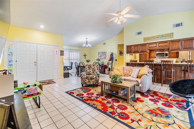 living room featuring high vaulted ceiling, sink, ceiling fan with notable chandelier, and light tile patterned floors