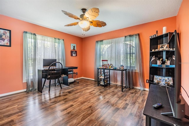 office featuring hardwood / wood-style floors and ceiling fan