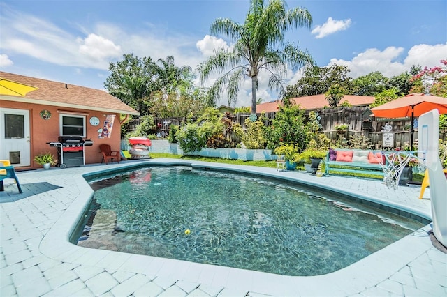 view of swimming pool with grilling area and a patio area