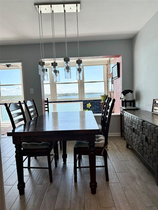 dining space with wood-type flooring