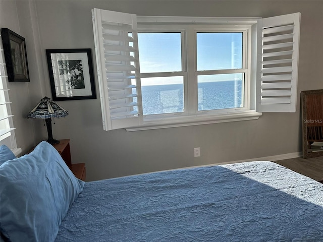 bedroom featuring a water view