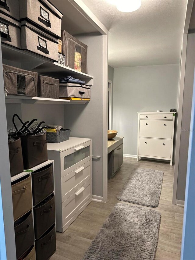 walk in closet with light wood-type flooring