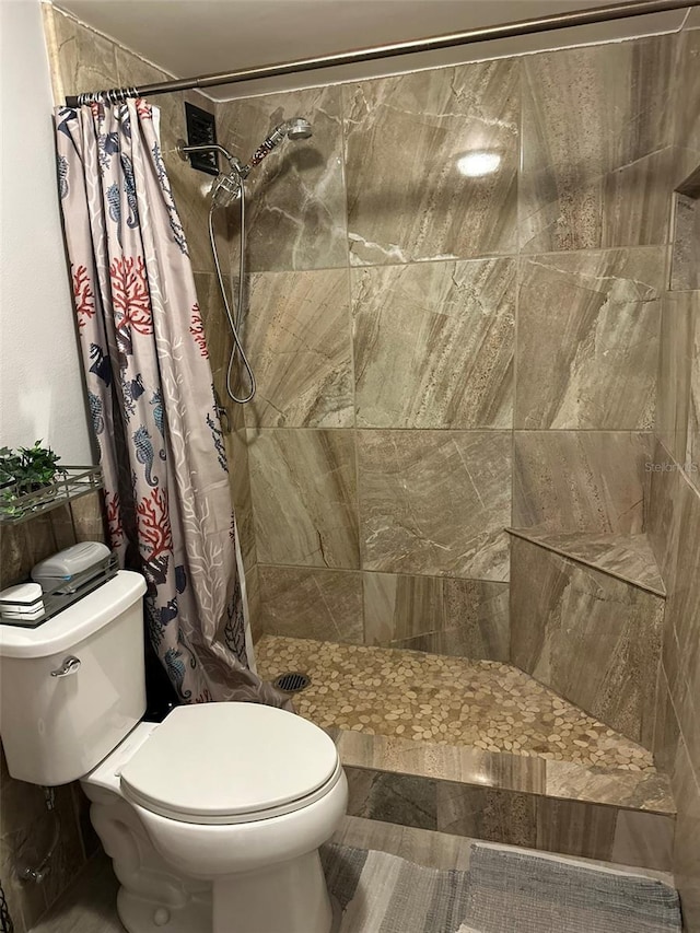 bathroom with toilet and a shower with shower curtain