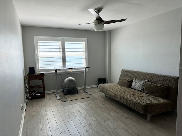 exercise room featuring ceiling fan and light hardwood / wood-style flooring