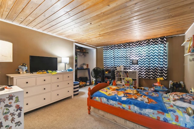 bedroom with light carpet and wood ceiling