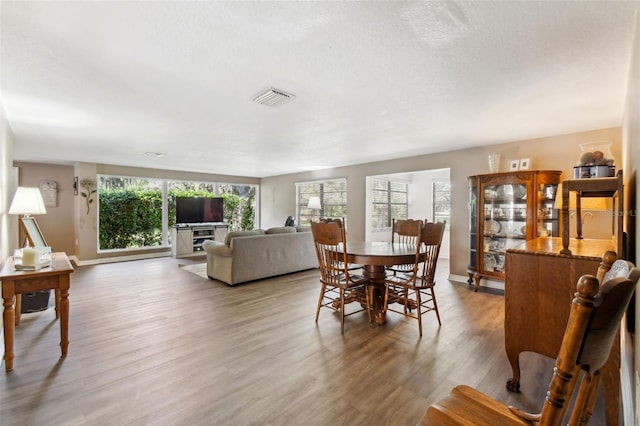 dining room featuring hardwood / wood-style flooring and a textured ceiling