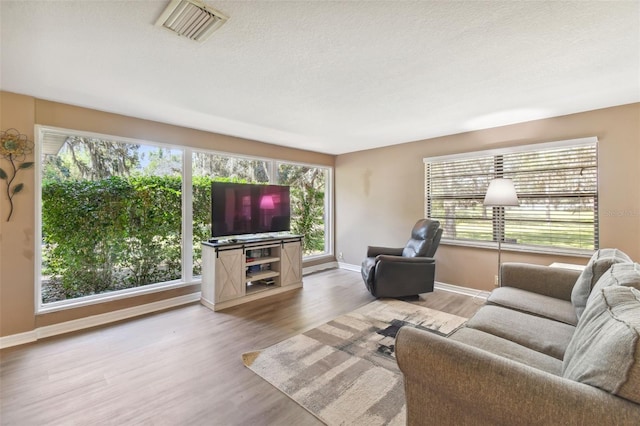 living room with wood-type flooring and a textured ceiling