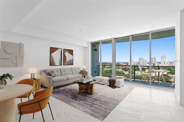 living room featuring a view of city and a wall of windows