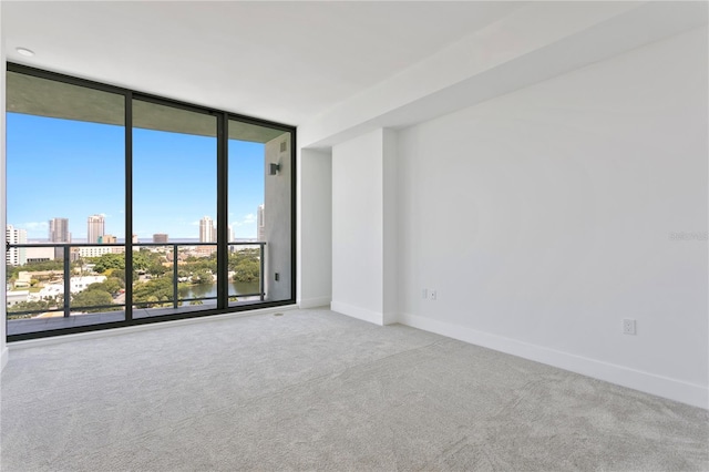 carpeted spare room featuring baseboards, a view of city, and floor to ceiling windows