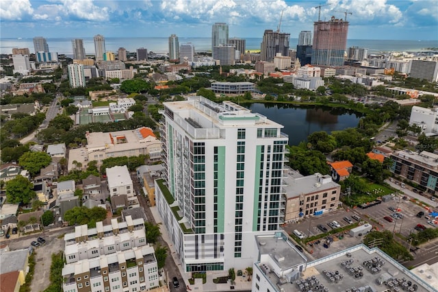 bird's eye view with a water view and a view of city