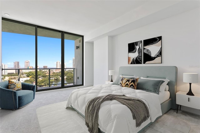 bedroom with a view of city, carpet, and expansive windows