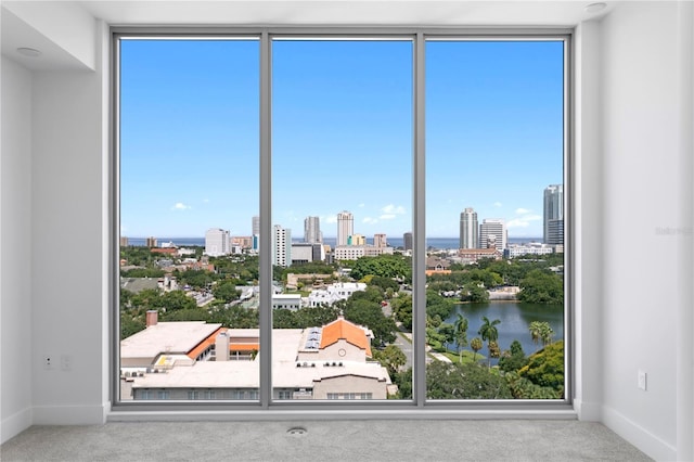 interior space with baseboards, a view of city, carpet floors, and a water view