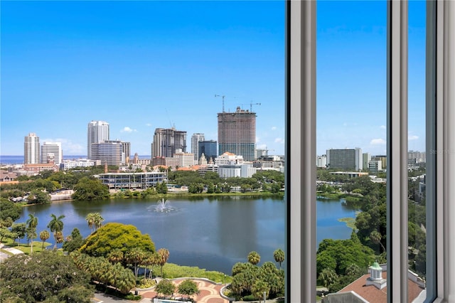 view of water feature with a city view