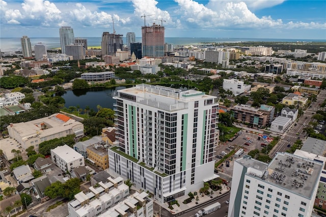 aerial view featuring a water view and a city view