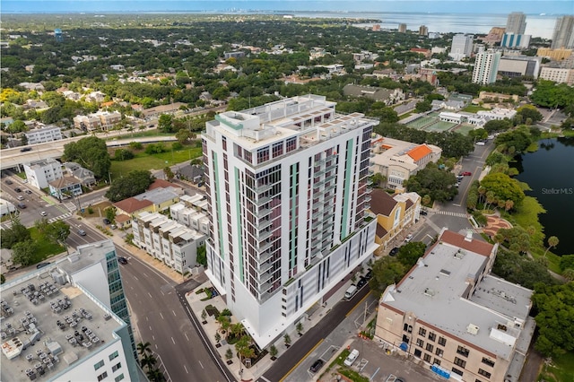 drone / aerial view with a water view