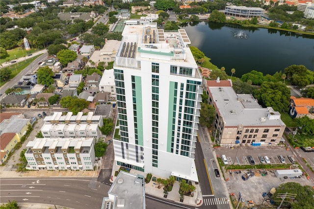 bird's eye view with a water view