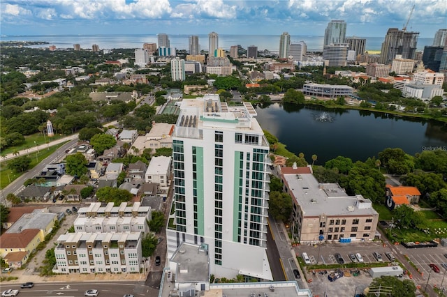 drone / aerial view with a water view