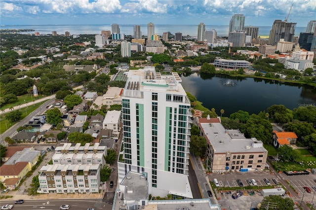 drone / aerial view with a water view and a city view