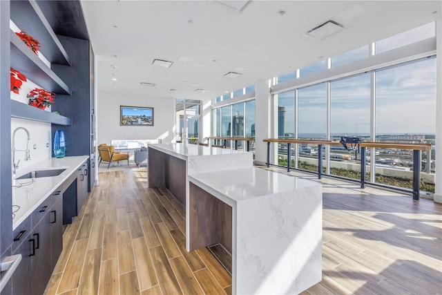 kitchen featuring a large island, sink, light stone countertops, a wall of windows, and light hardwood / wood-style flooring