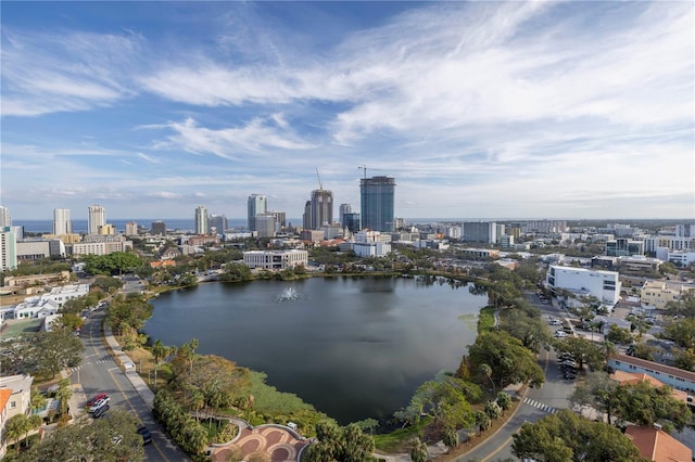 birds eye view of property with a water view