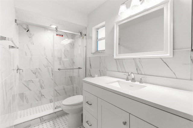 bathroom with tile walls, tile patterned flooring, tiled shower, toilet, and vanity