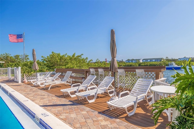 view of patio / terrace featuring a water view and a community pool