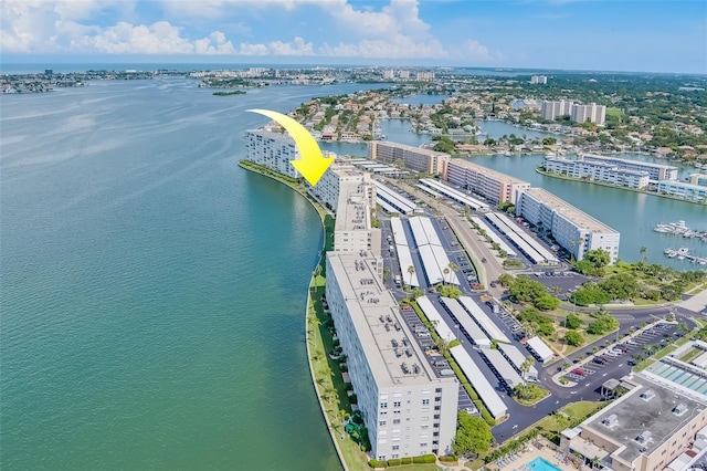 birds eye view of property featuring a water view