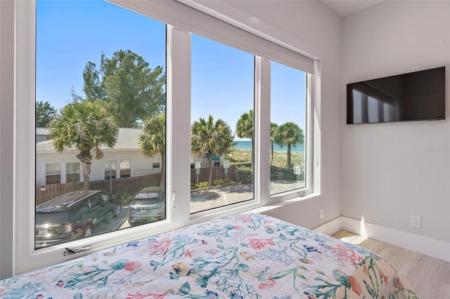 bedroom with multiple windows and hardwood / wood-style flooring