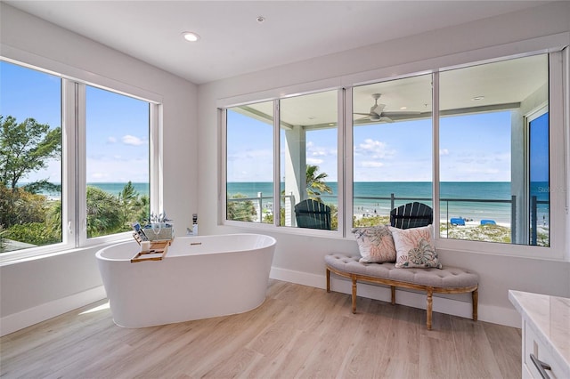 bathroom featuring a water view, a healthy amount of sunlight, and a bathtub