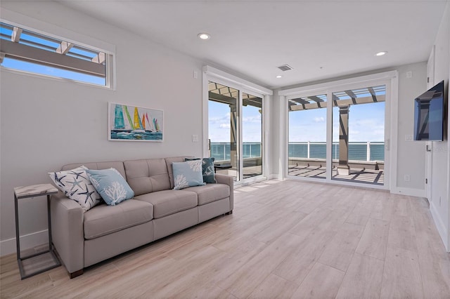 living room with light hardwood / wood-style flooring